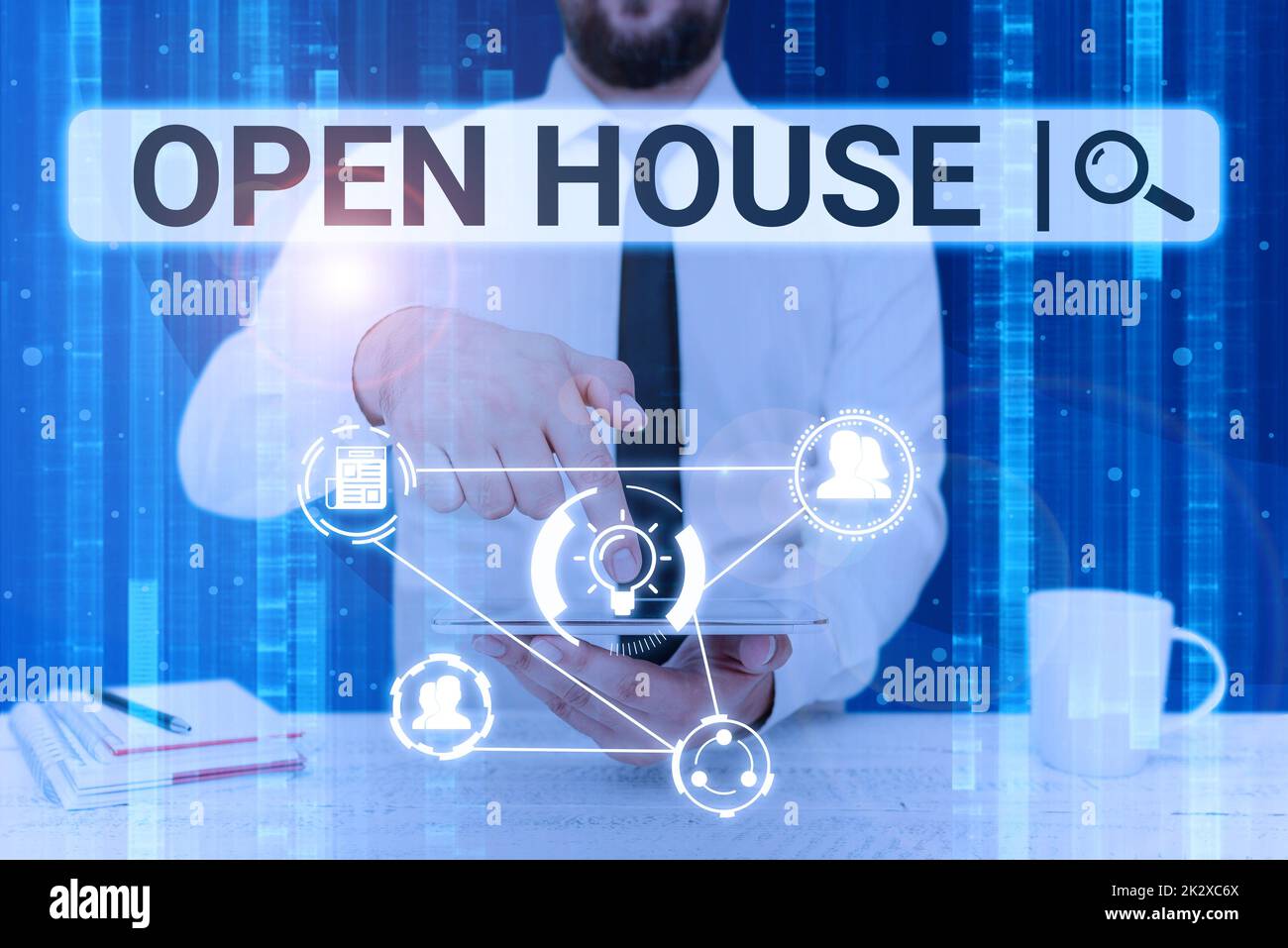 Writing displaying text Open House. Business overview you can come whatever whenever want Make yourself at home Businessman pointing down tablet represents global innovative thinking. Stock Photo