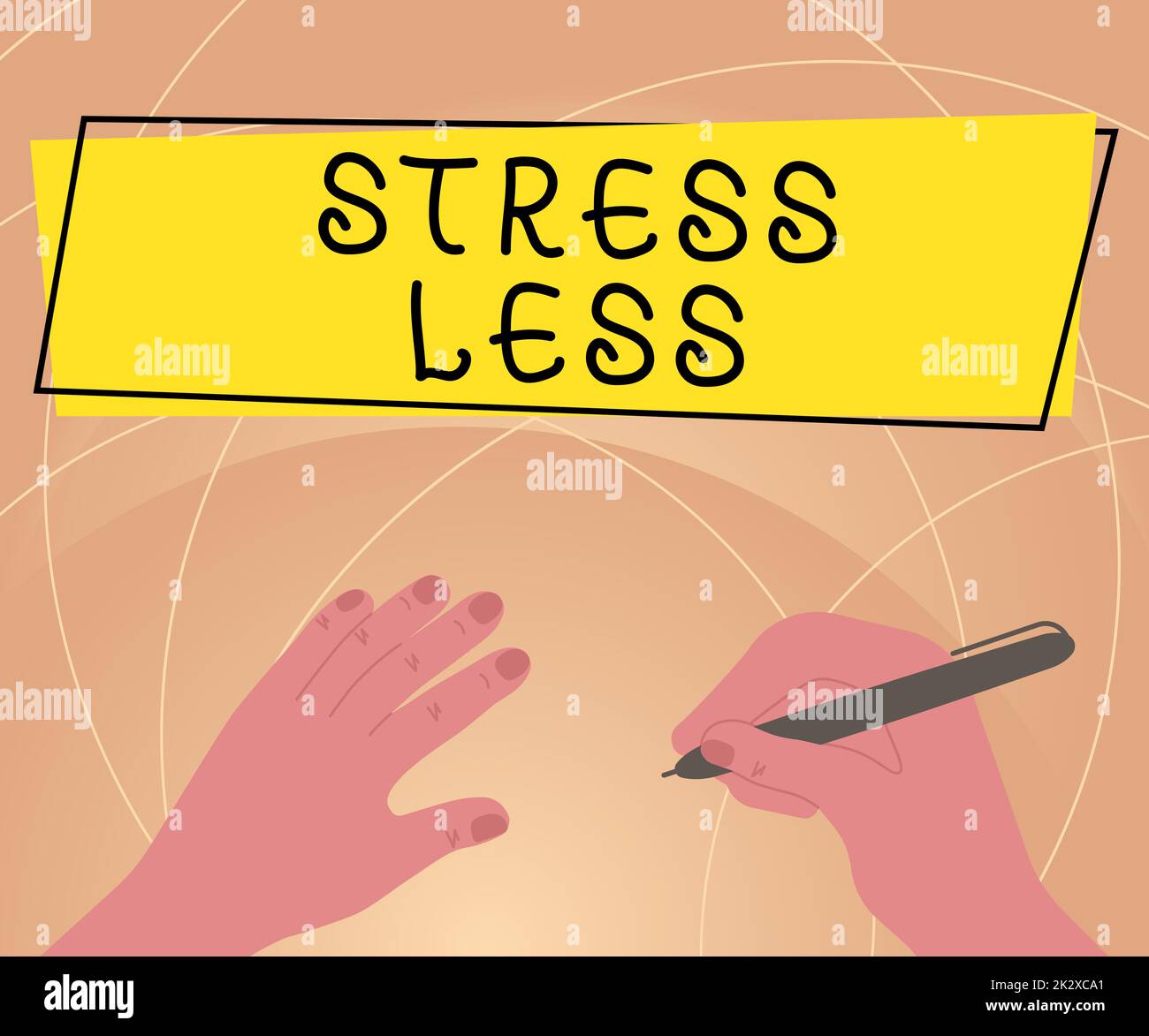 Handwriting text Stress Less. Word for Stay away from problems Go out Unwind Meditate Indulge Oneself Hands Using Pencil Strategizing Newest Innovative Creative Goal Plans. Stock Photo