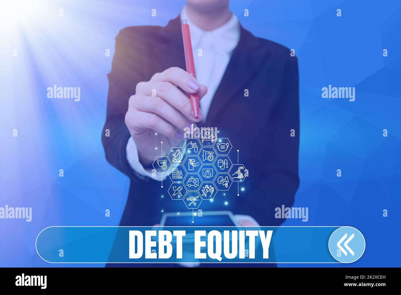 Hand writing sign Debt Equity. Word for dividing companys total liabilities by its stockholders Lady Pressing Screen Of Mobile Phone Showing The Futuristic Technology Stock Photo