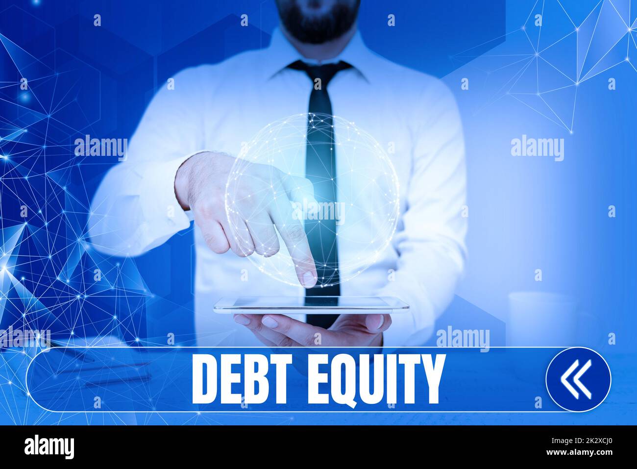 Text sign showing Debt Equity. Concept meaning dividing companys total liabilities by its stockholders Businessman pointing down tablet represents global innovative thinking. Stock Photo