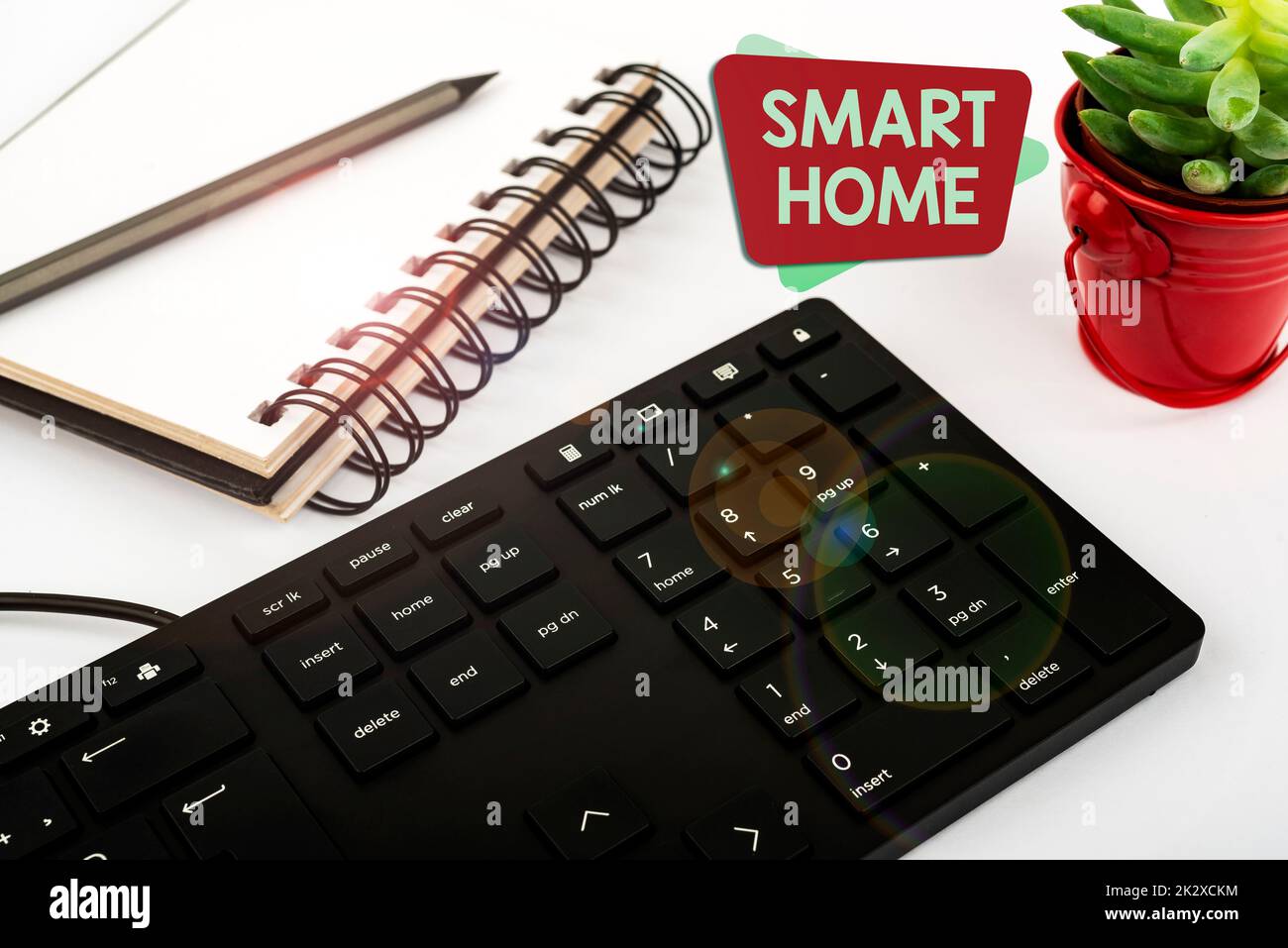 Text caption presenting Smart Home. Internet Concept automation system control lighting climate entertainment systems Computer Keyboard And Symbol.Information Medium For Communication. Stock Photo