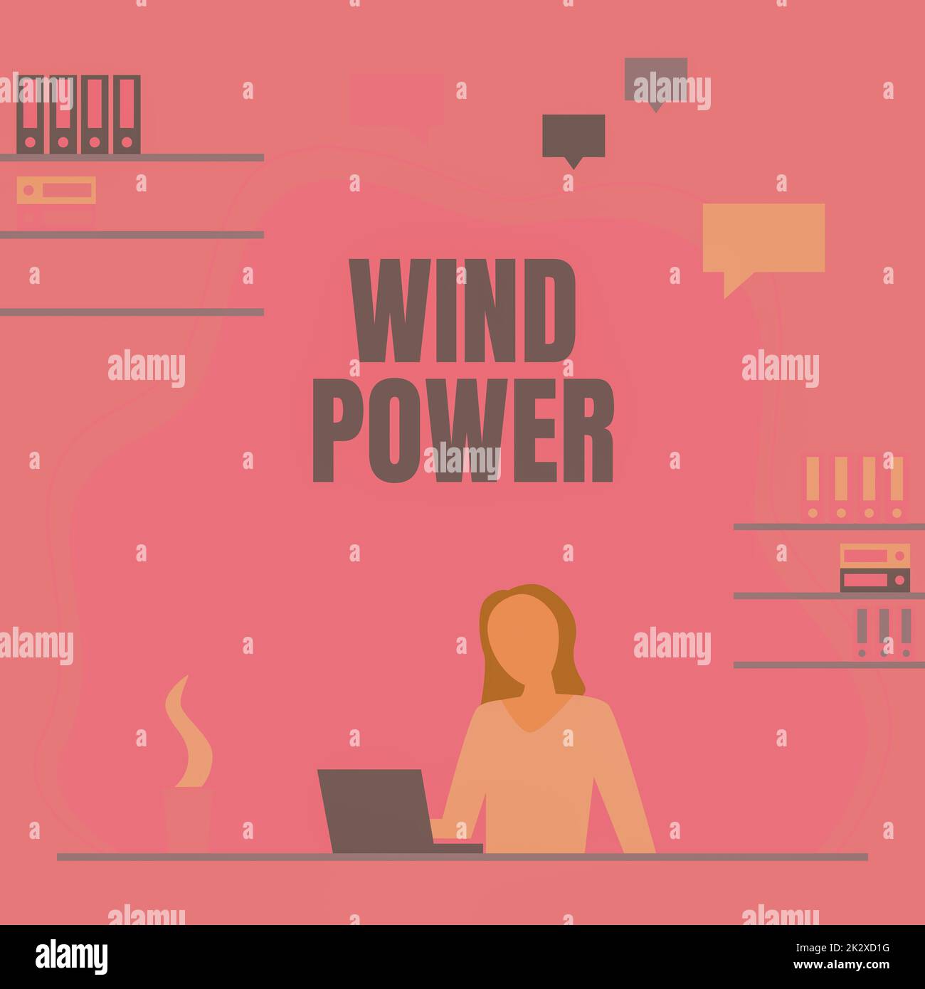 Conceptual caption Wind Power. Word Written on use of air flowto provide mechanical power to turn generators Woman Sitting On Desk Working And Presenting New Technologies. Stock Photo