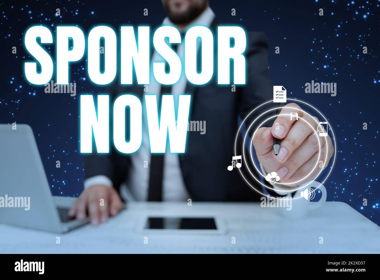 Handwriting text Sponsor Now. Conceptual photo paying or investing in project with no profit back for you Businessman in suit holding pen representing innovative thinking. Stock Photo