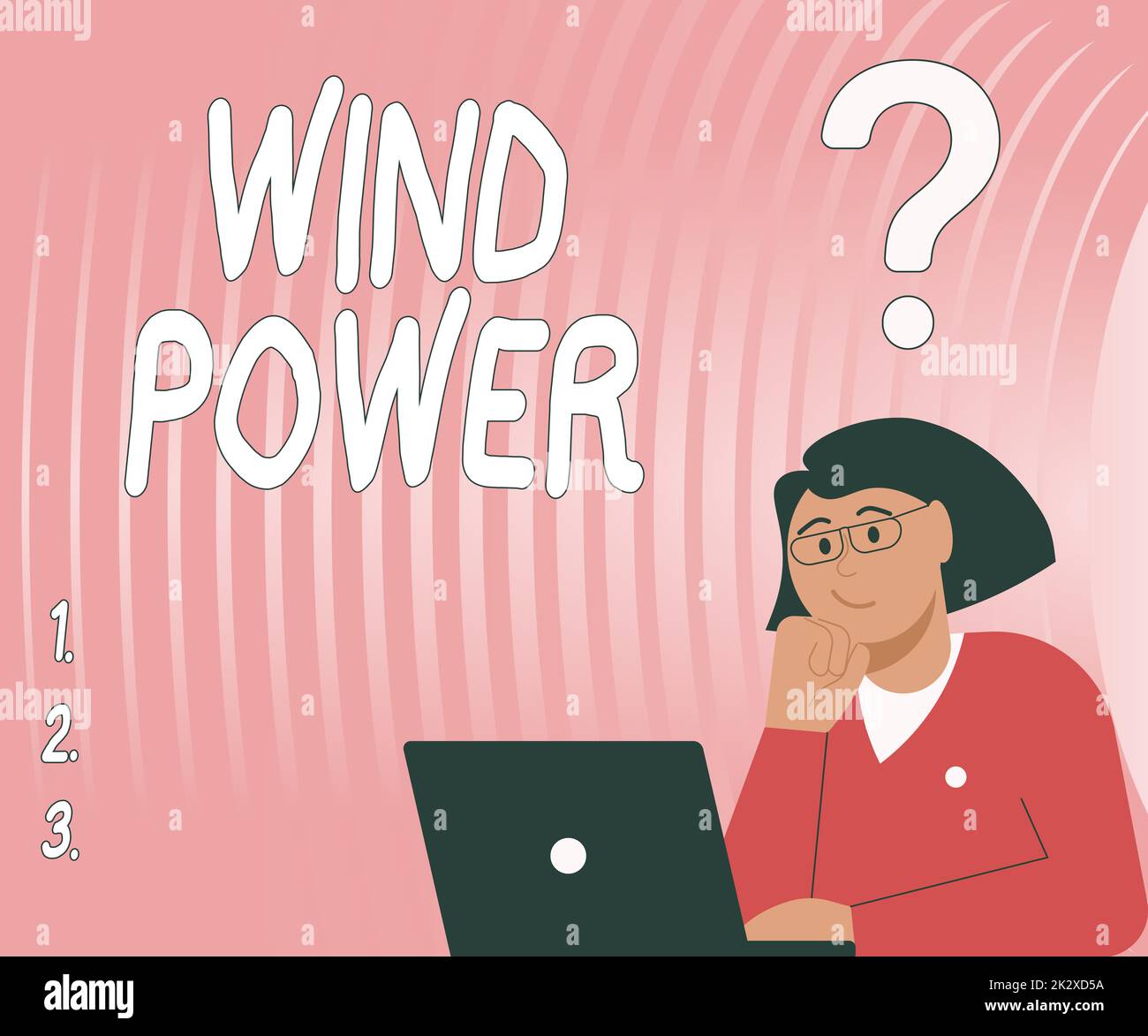 Text showing inspiration Wind Power. Word for use of air flowto provide mechanical power to turn generators Lady Drawing Brainstorming New Solutions Surrounded With Question Marks Stock Photo