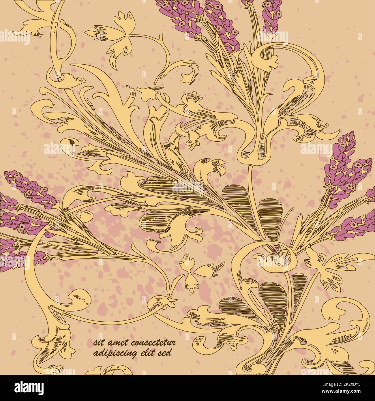 Hand drawn lavender flowers on beige, abstract floral pattern cover design. Blossom greenery branches, trendy artistic background. Graphic vector illustration wedding, poster, greeting card, magazine Stock Photo