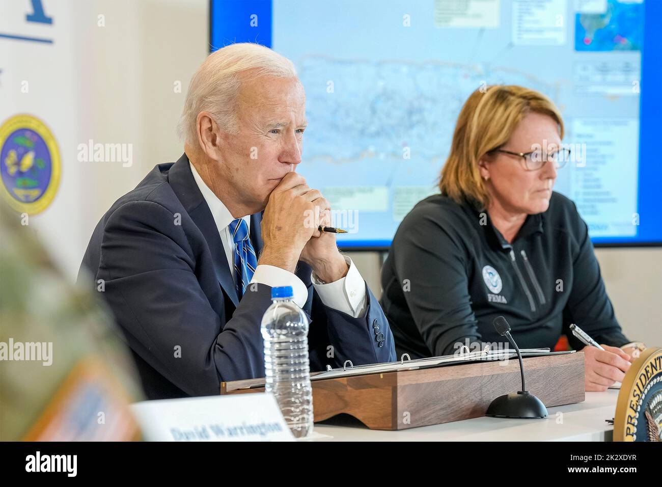 New York City, United States. 22nd Sep, 2022. U.S. President Joe Biden, and FEMA administrator Deanne Criswell, right, listen during briefing on the situation in Puerto Rico following Hurricane Fiona at the FEMA Region 2 headquarters, September 22, 2022, in New York City. Credit: Adam Schultz/White House Photo/Alamy Live News Stock Photo