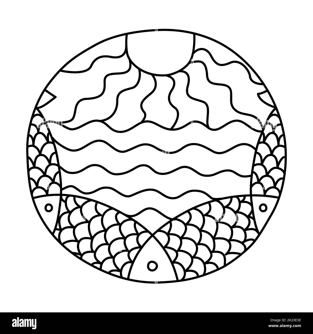 Doodles filled circle with sun sea and fish Stock Photo