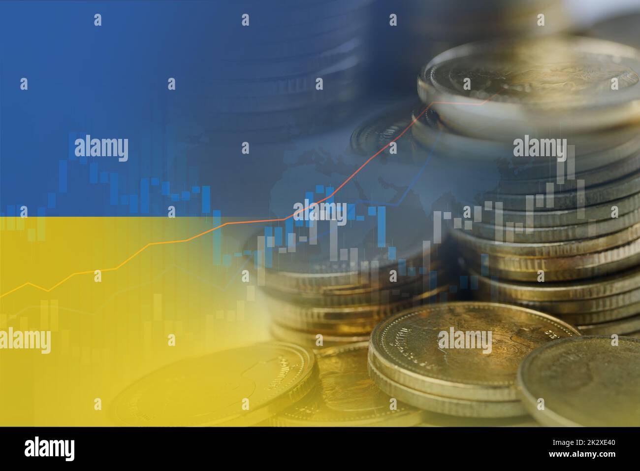 Stock market investment trading financial, coin and Ukraine flag or Forex for analyze profit finance business trend data background. Stock Photo