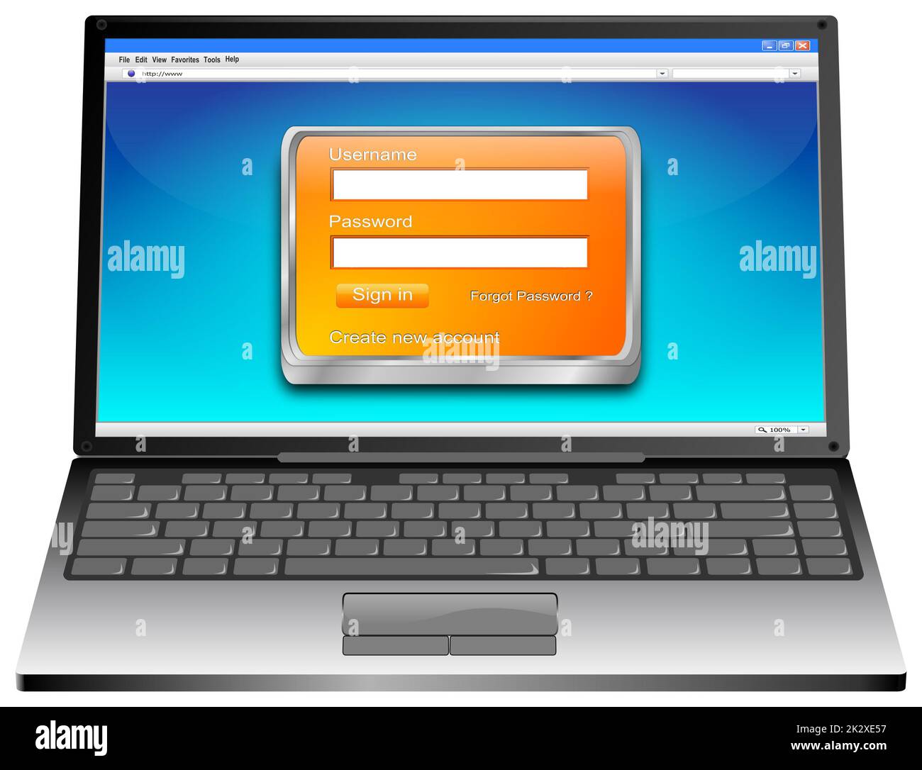 Laptop Computer with orange Login Screen on blue desktop - 3D illustration Stock Photo