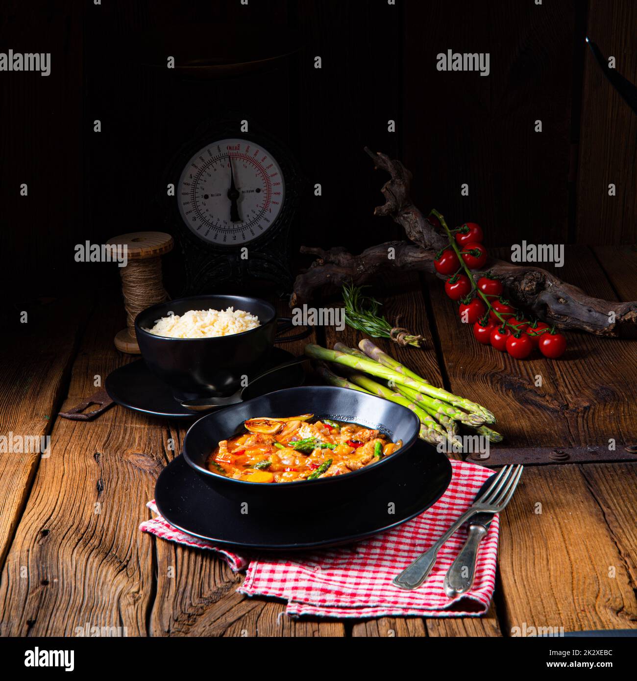 colorful turkey fricassee with asparagus and paprika Stock Photo