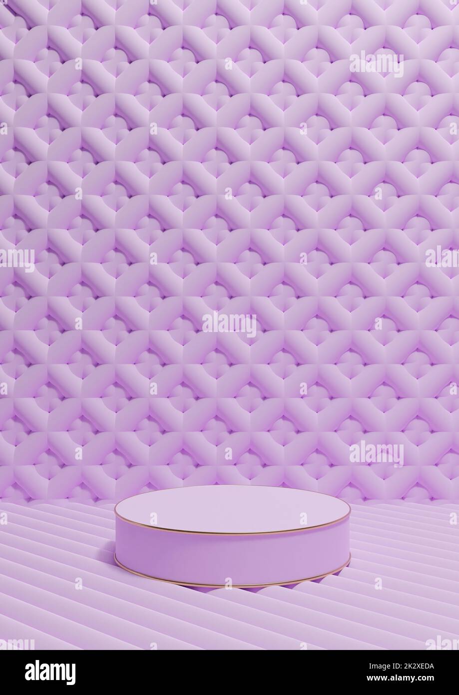 Light, pastel, lavender purple 3D rendering luxury product display vertical product photography one cylinder podium stand golden line and ornament wallpaper or background simple, minimal composition Stock Photo