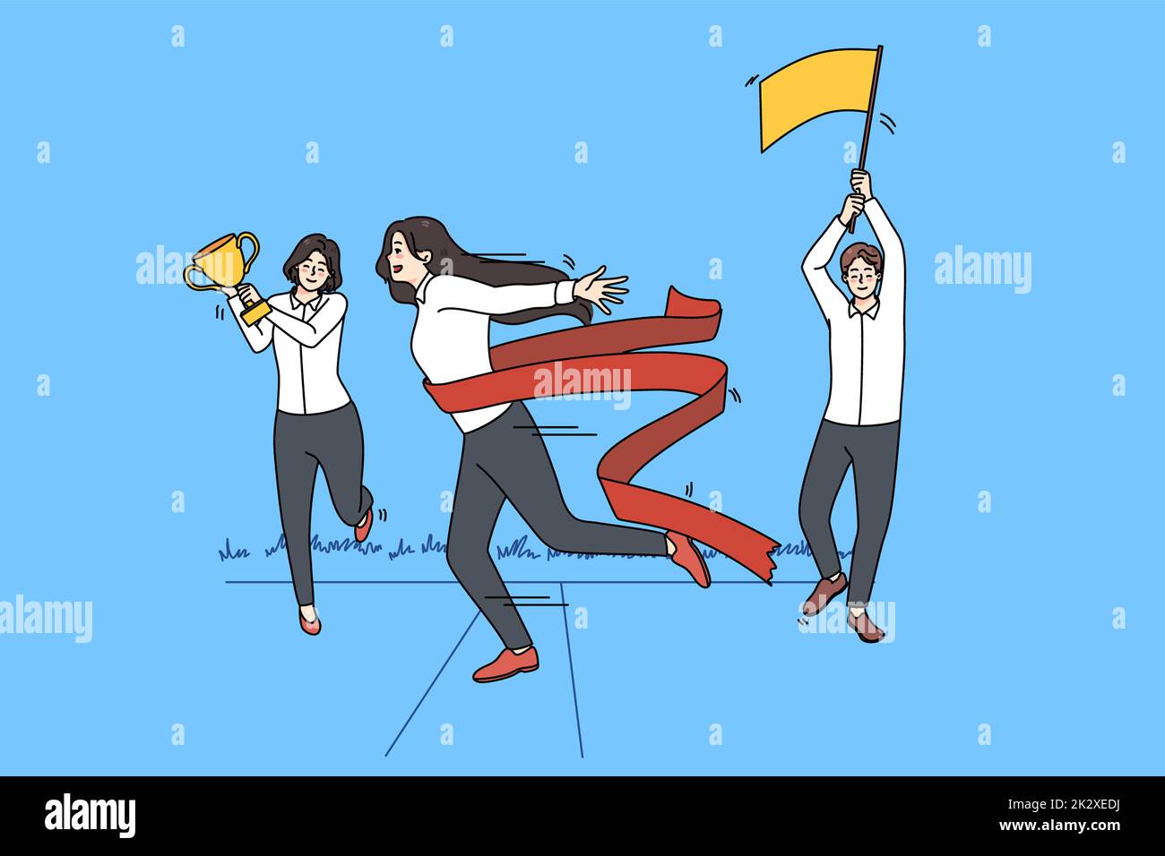 Motivated female employee cross finish line Stock Photo Alamy