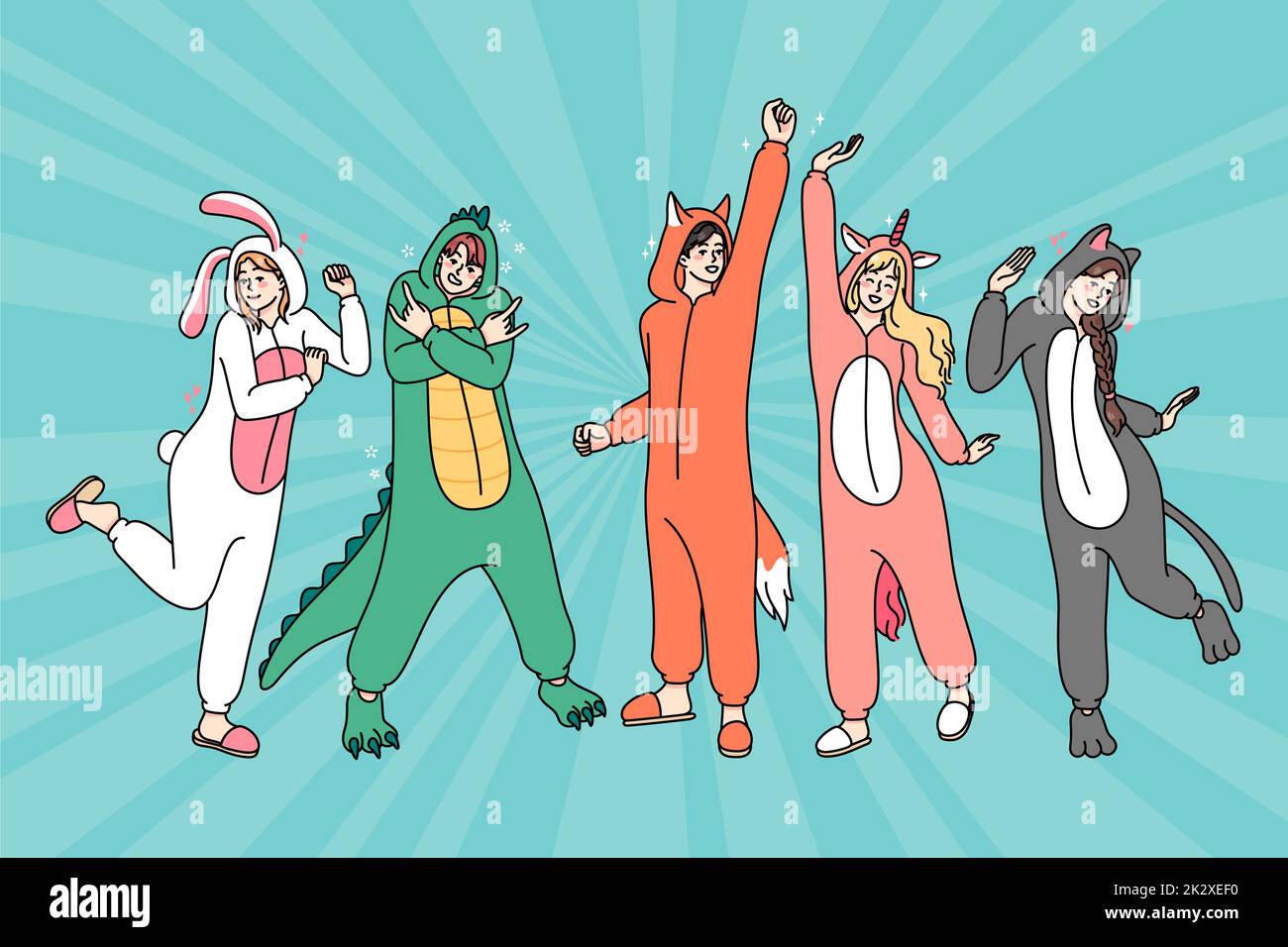 Happy people in animal costumes dancing Stock Photo