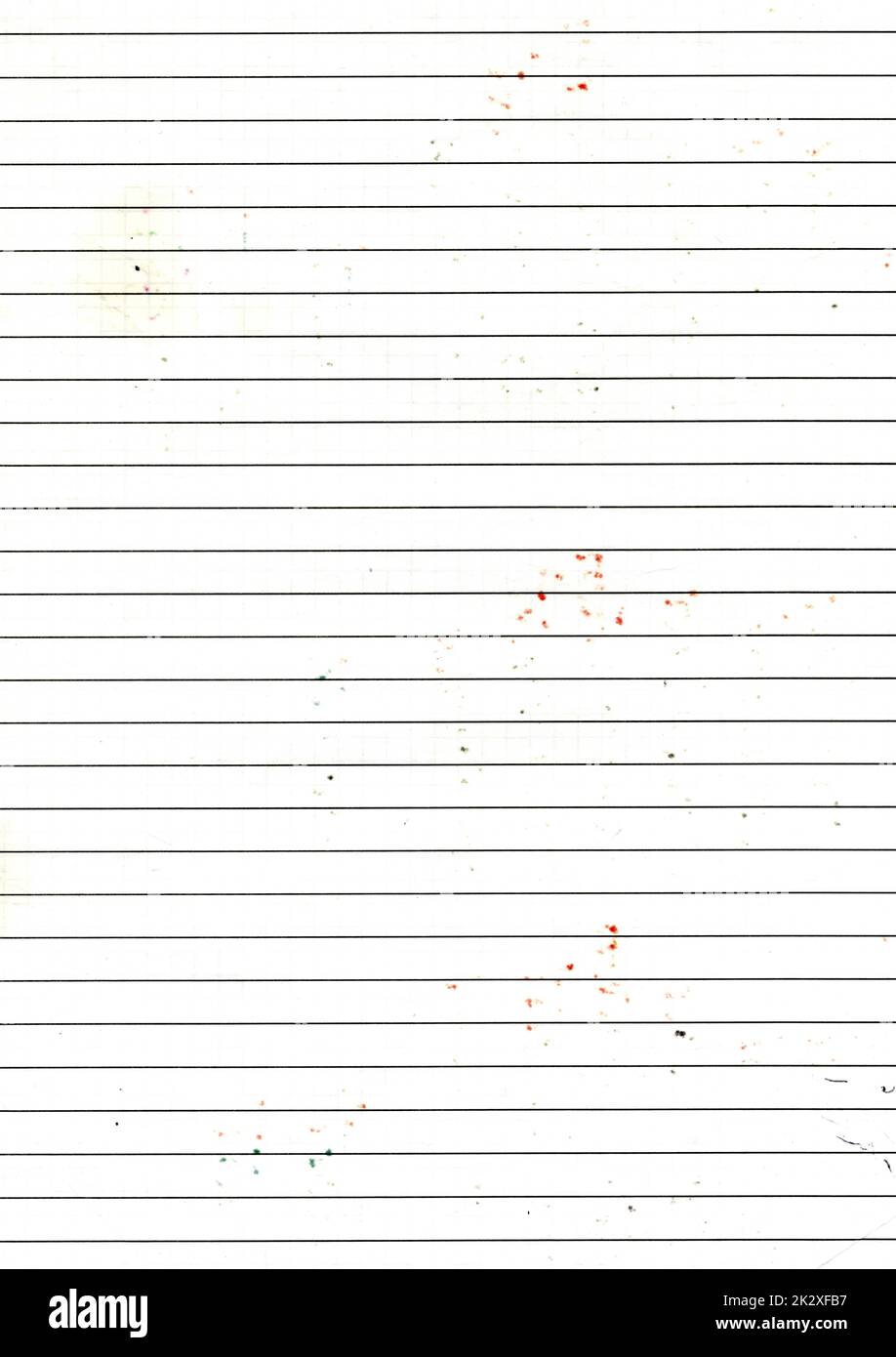 High resolution large image of used, worn out line graph paper texture background scan with color stain spots from writing with markers, weathered old school paper wallpaper with copy space for text Stock Photo