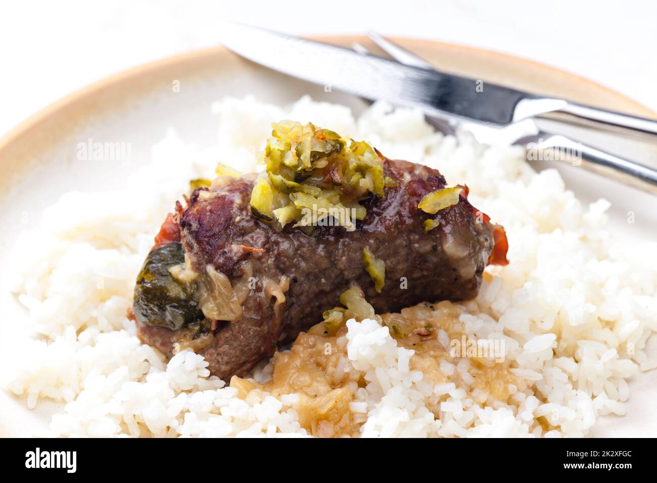 filled beef roll with rice Stock Photo