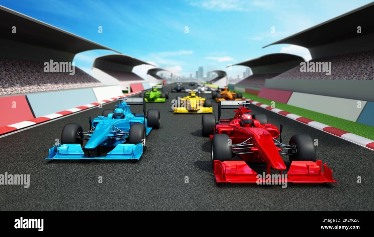 Brandless racing cars on the race track. 3D illustration Stock Photo