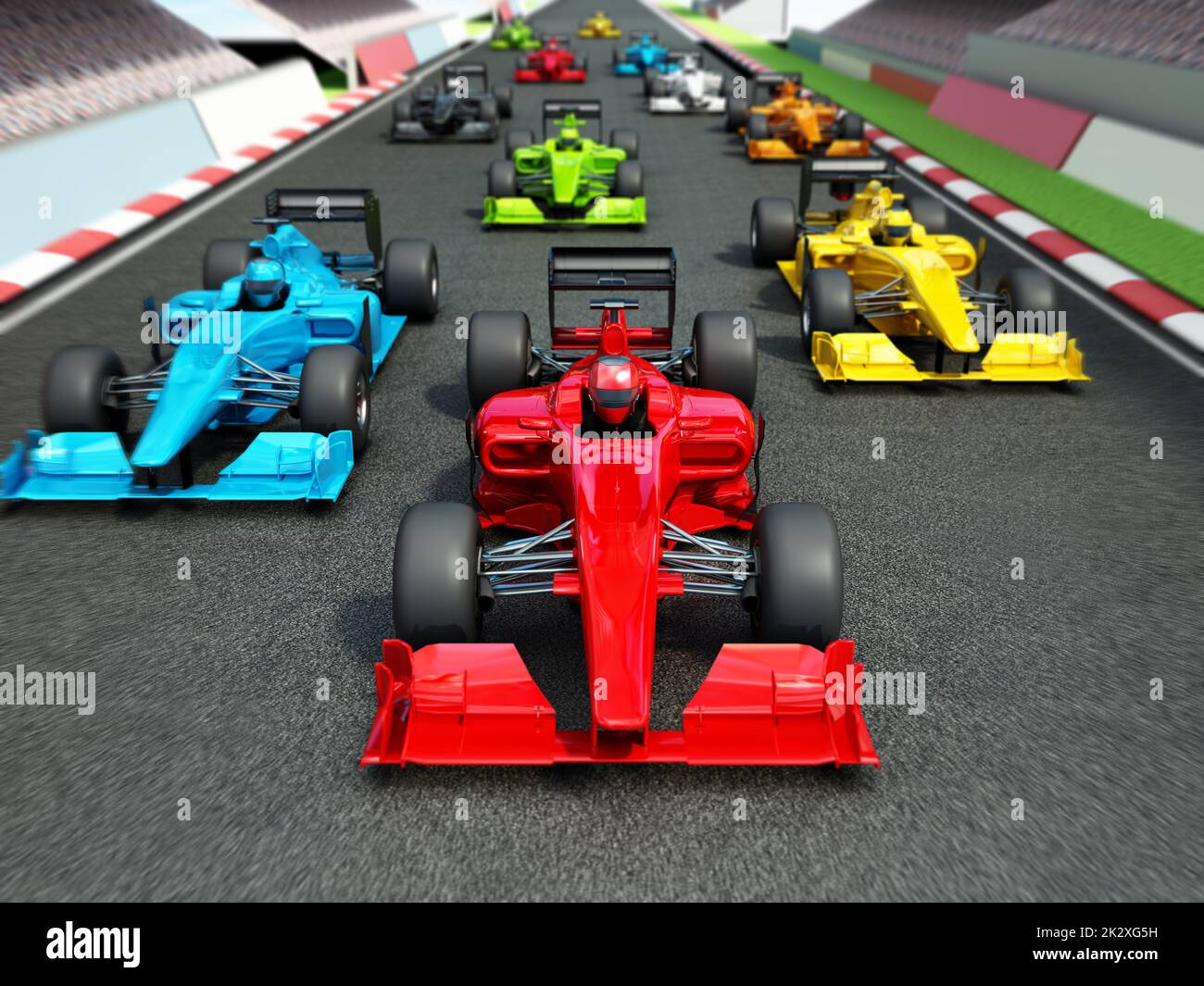 Brandless racing cars on the race track. 3D illustration Stock Photo