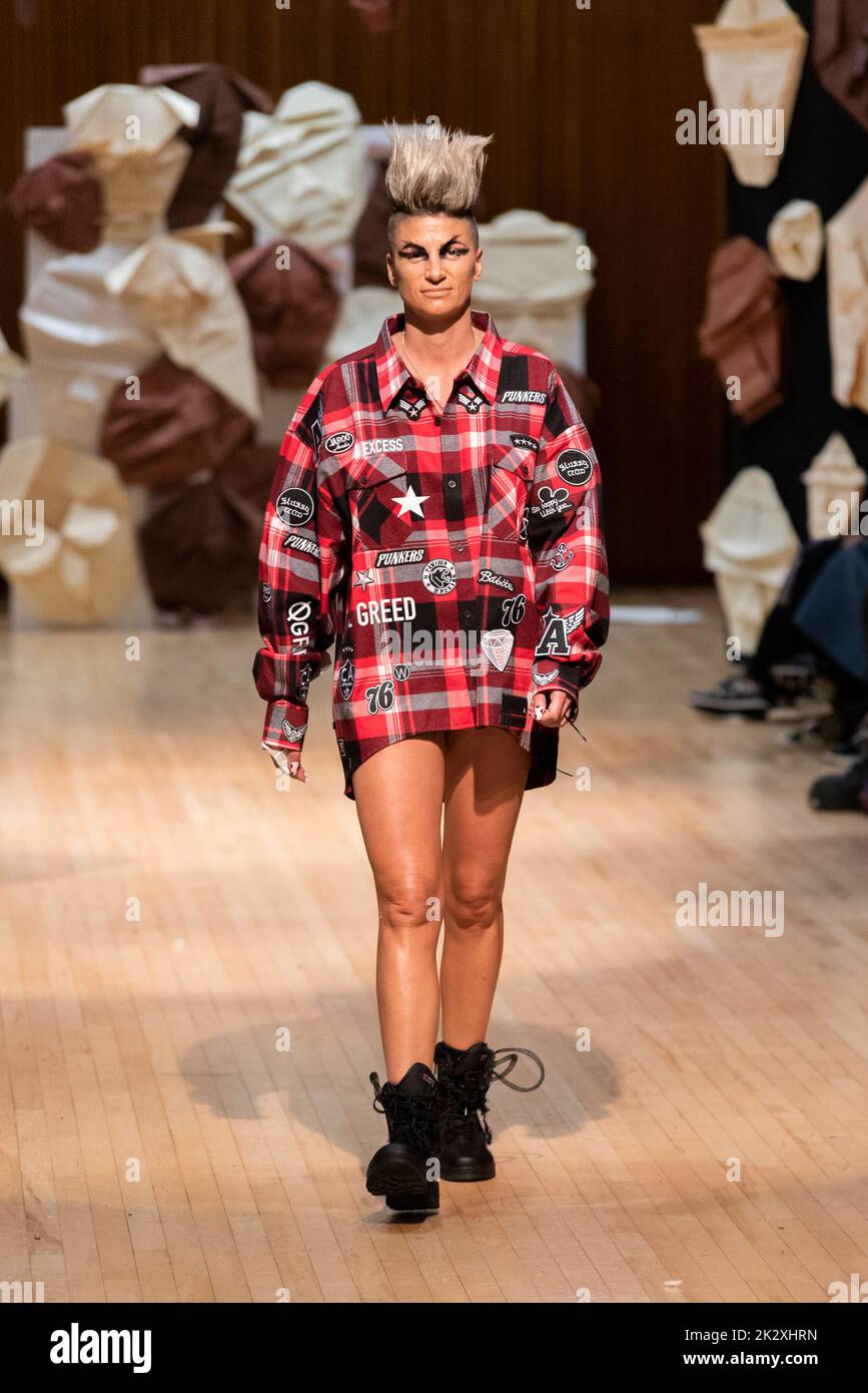 Model, modelling on catwalk for VIN+OMI 'Opinions' show for London Fashion Week 2022. Recycled materials. Sustainable fashion. Stock Photo