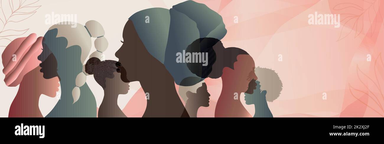 Profile silhouette group of African American or African women and girls. Heads and faces of black women. Female social community. Racial equality Stock Vector