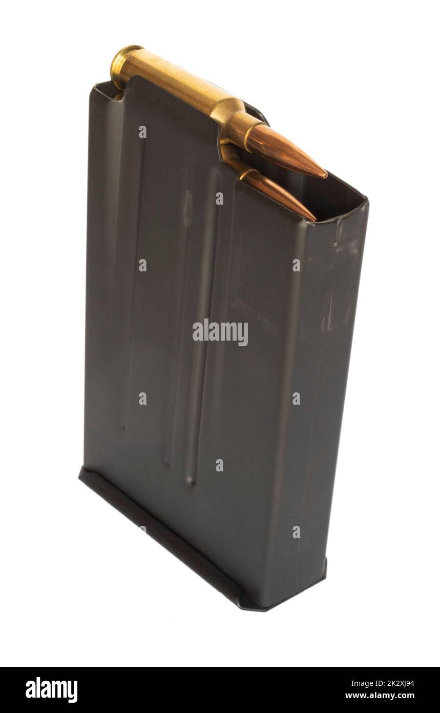 Image Empty Rifle Magazine Ammunition in a metal rifle magazine isolated on a white background ...
