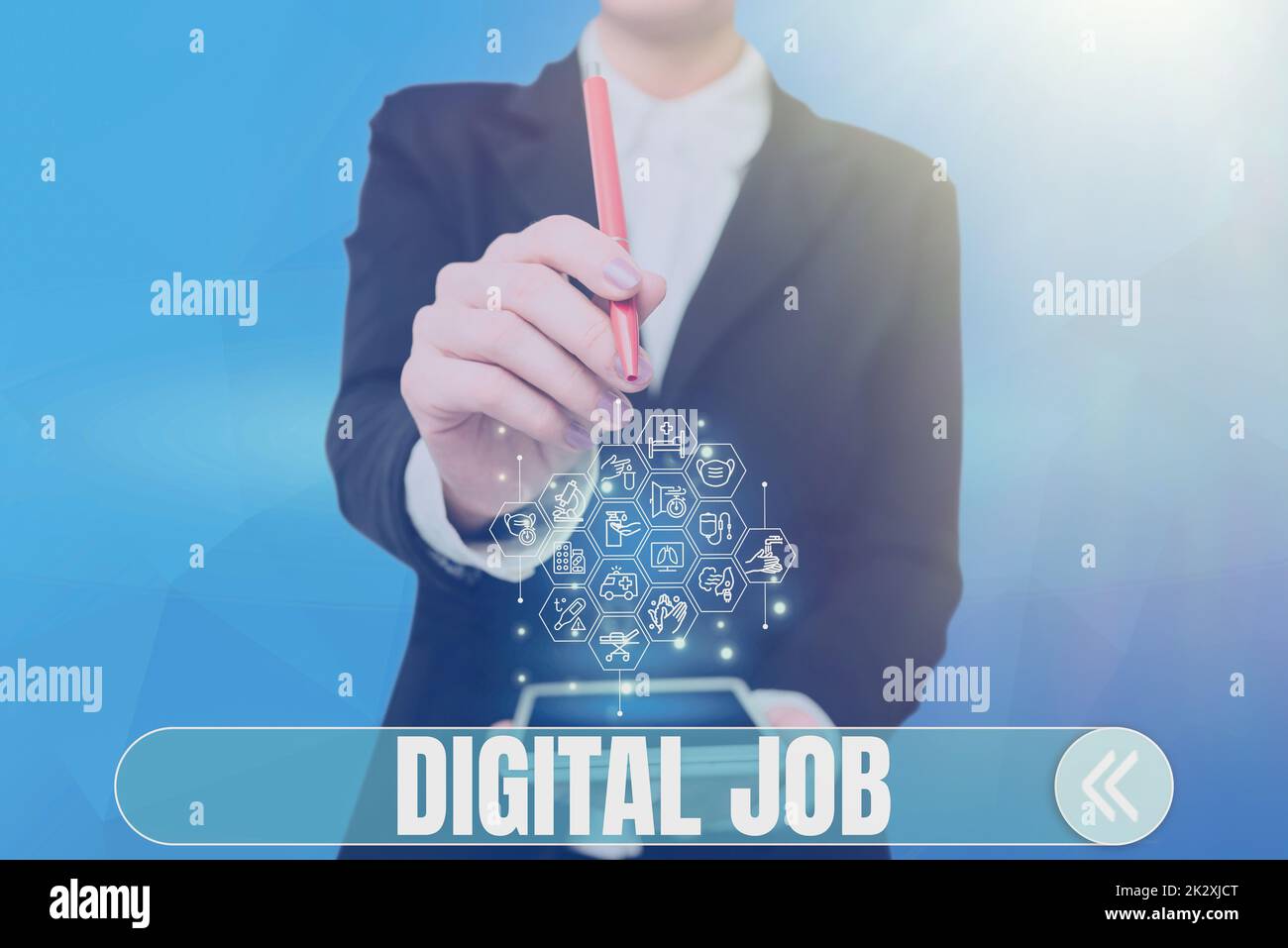 Handwriting text Digital Job. Word Written on get paid task done through internet and personal computer Lady Pressing Screen Of Mobile Phone Showing The Futuristic Technology Stock Photo