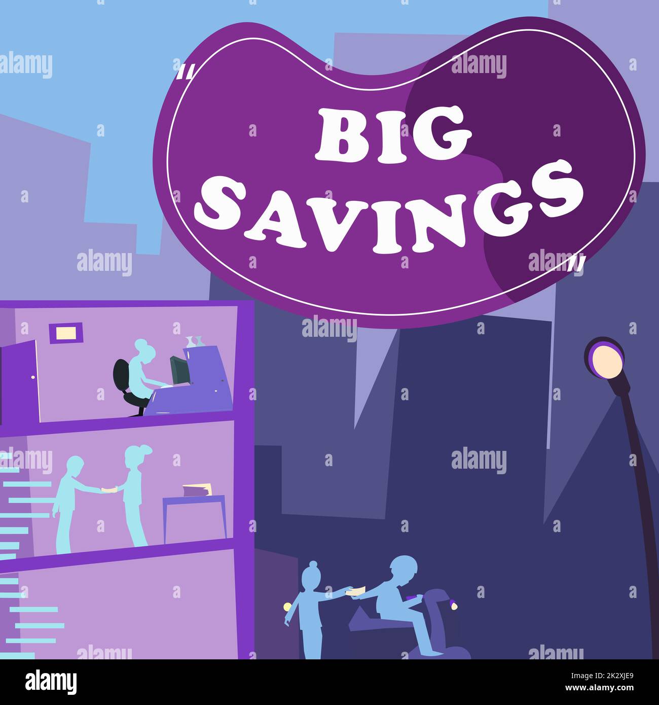 Text sign showing Big Savings. Business idea income not spent or deferred consumption putting money aside Office Building With Skyscrapers Drawing Showing City Skyline. Stock Photo