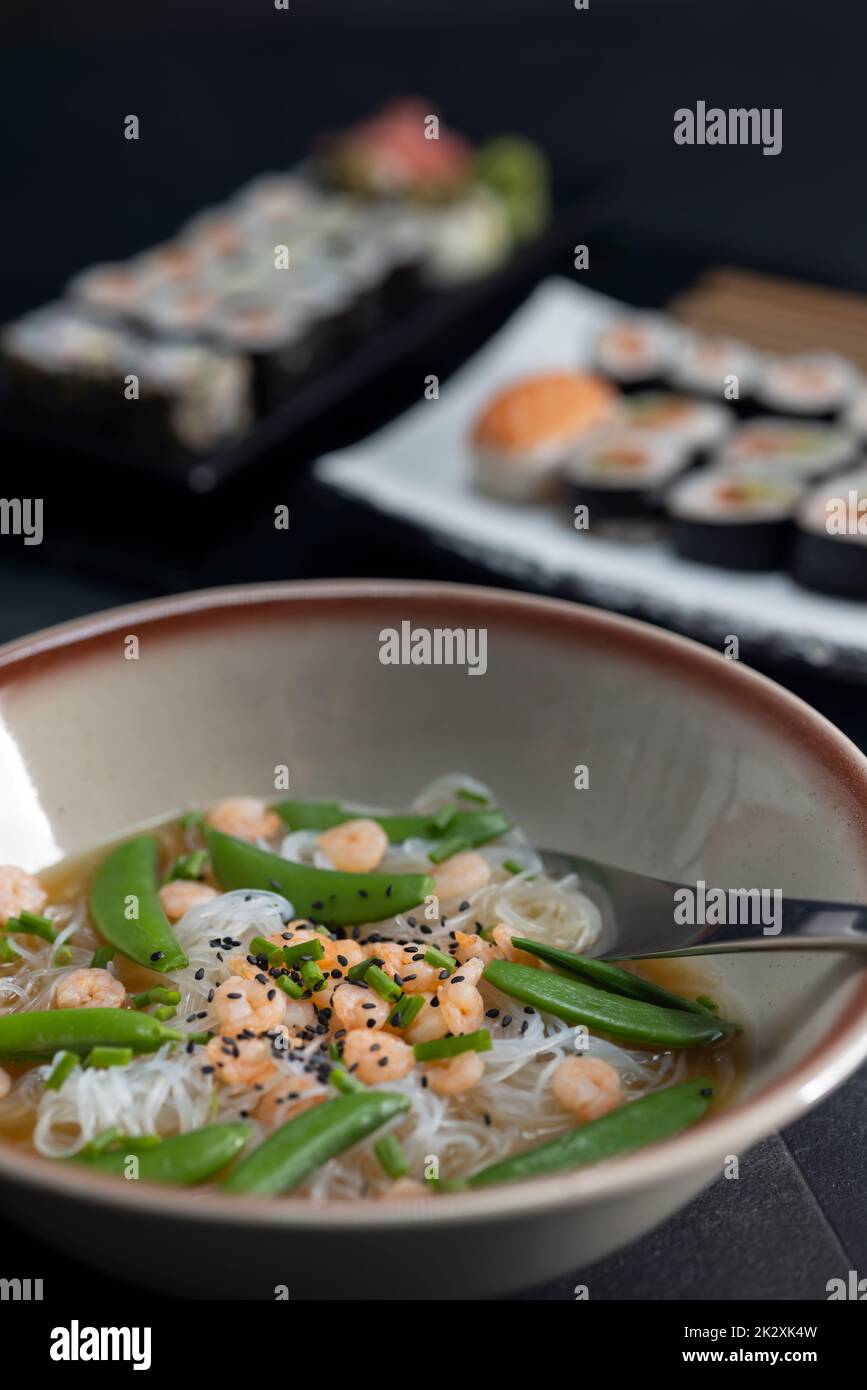 Various dishes of Asian cuisine with typical sushi Stock Photo