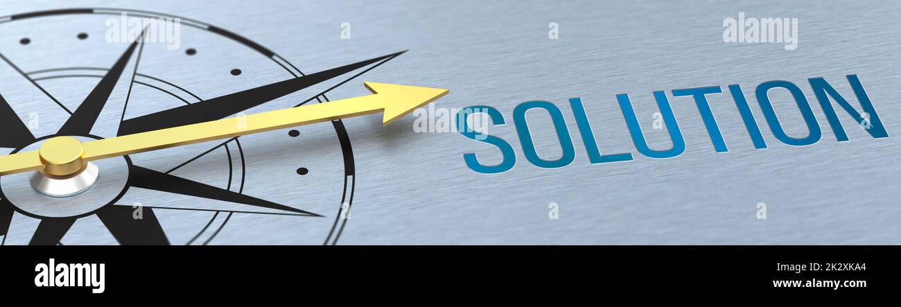 Compass needle pointing to the words Solution - 3d rendering Stock Photo