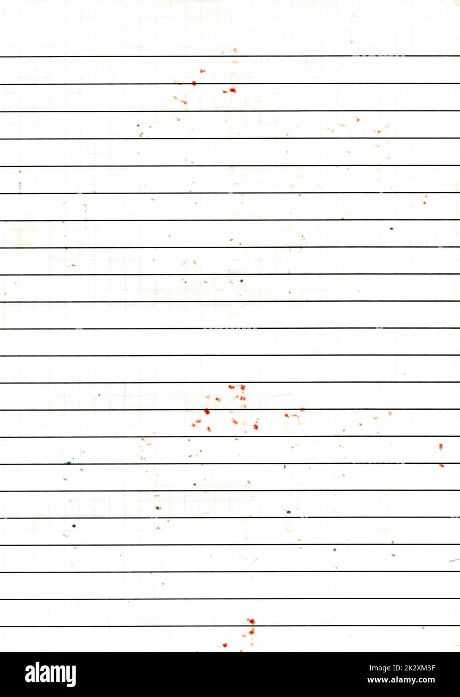 High resolution large image of used, worn out line graph paper texture background scan with color stain spots from writing with markers, weathered old school paper wallpaper with copy space for text Stock Photo