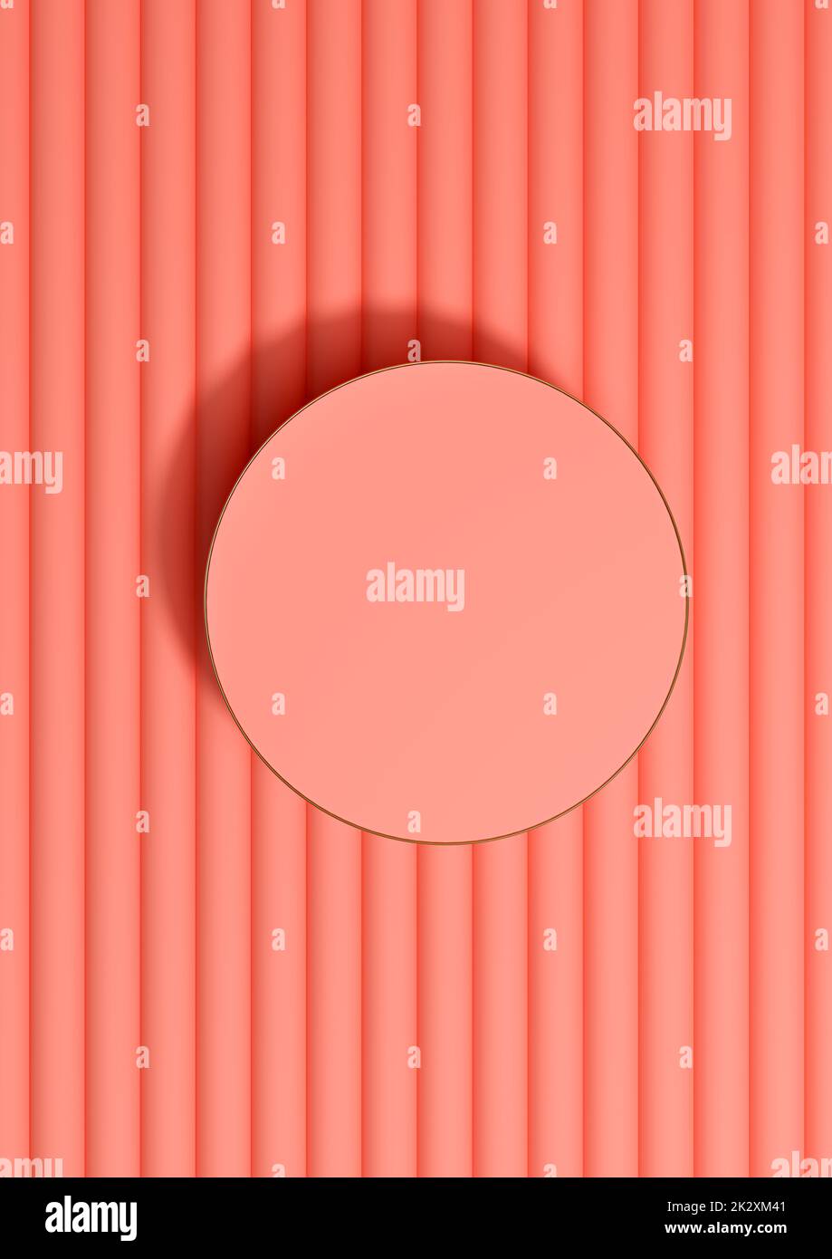 Bright, neon, salmon pink 3D rendering of top view flat lay product display cylinder podium or stand product photography background or wallpaper, minimal, simple, luxury backdrop with golden line Stock Photo