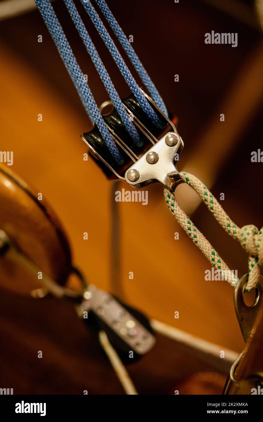 Pulley with ropes on sailing vessel Stock Photo - Alamy