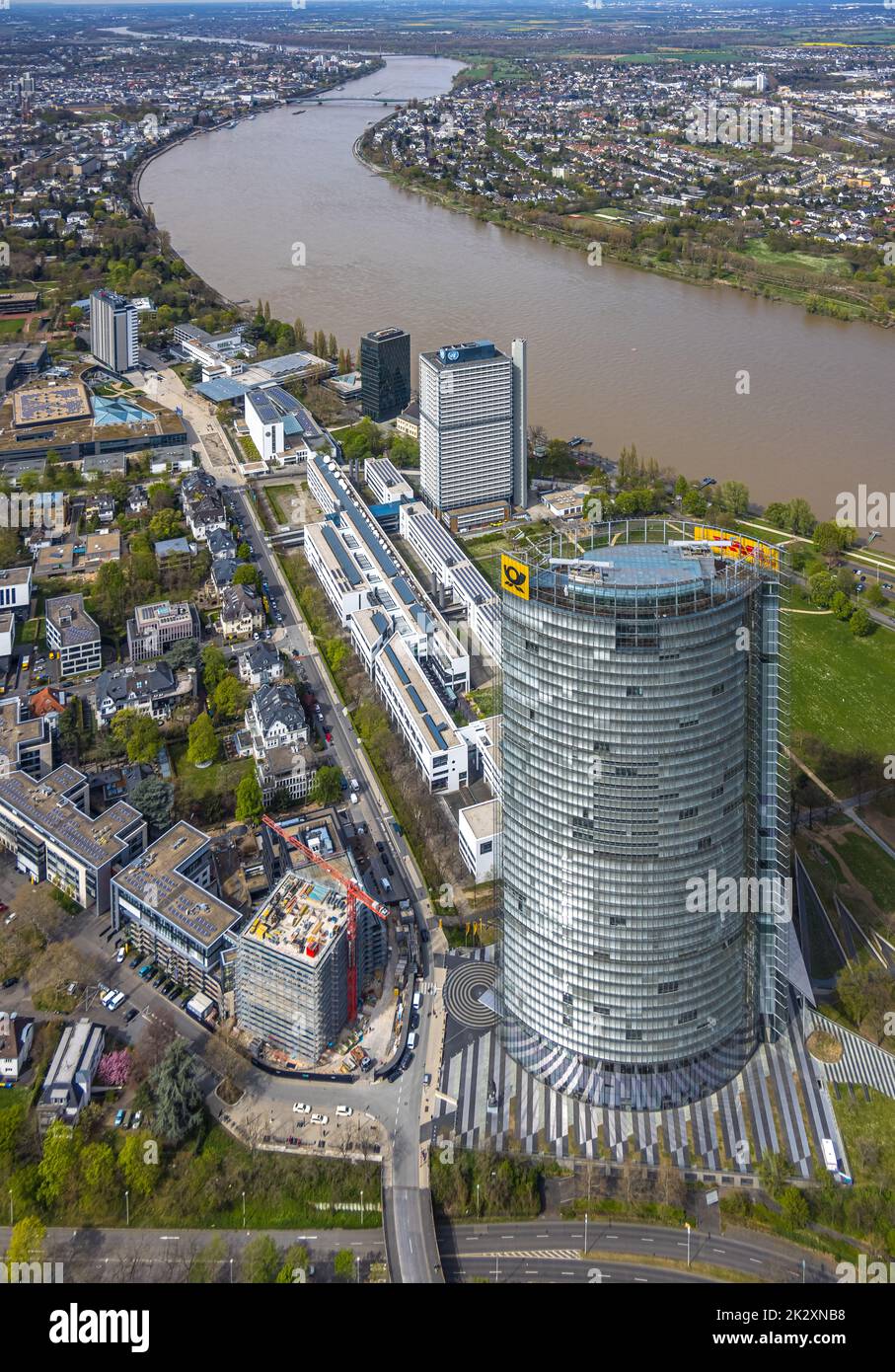 Aerial view, federal quarter with Post Tower at the river Rhine, Deutsche Welle, United Nations UN Campus with Langer Eugen and former German Bundesta Stock Photo