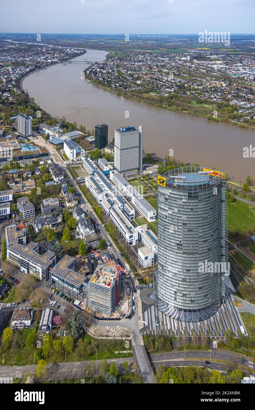 Aerial view, federal quarter with Post Tower at the river Rhine, Deutsche Welle, United Nations UN Campus with Langer Eugen and former German Bundesta Stock Photo