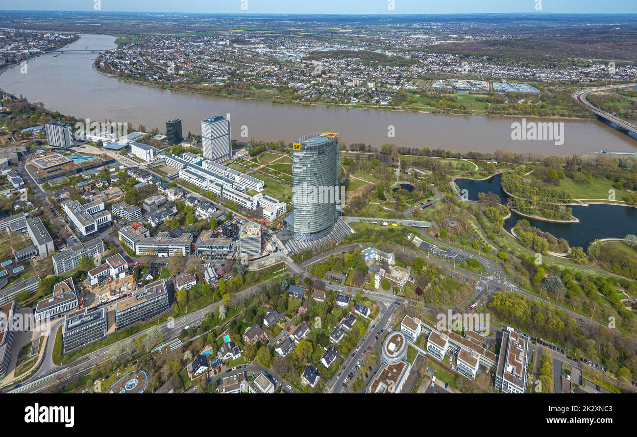 Aerial view, federal quarter with Post Tower at the river Rhine and Rheinauensee, Deutsche Welle, United Nations UN Campus, Langer Eugen and former Ge Stock Photo