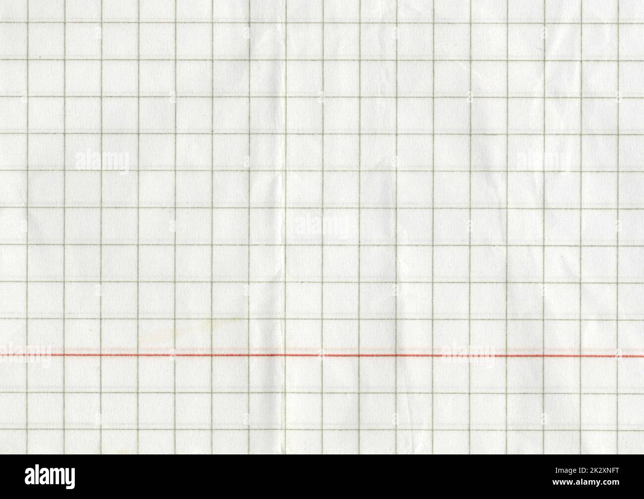 High resolution large image of a white uncoated checkered graph paper scan wrinkled weathered thin textbook paper with one red line and gray checkers copy space for text for presentation high quality wallpaper Stock Photo