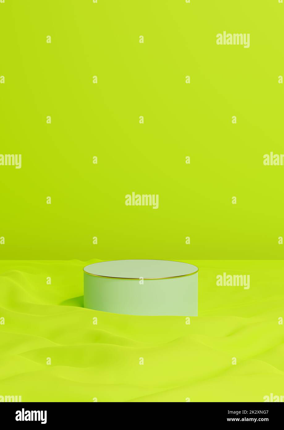 Bright, lime, neon green 3D rendering minimal product display one luxury cylinder podium or stand on wavy textile product background wallpaper abstract composition with golden line Stock Photo