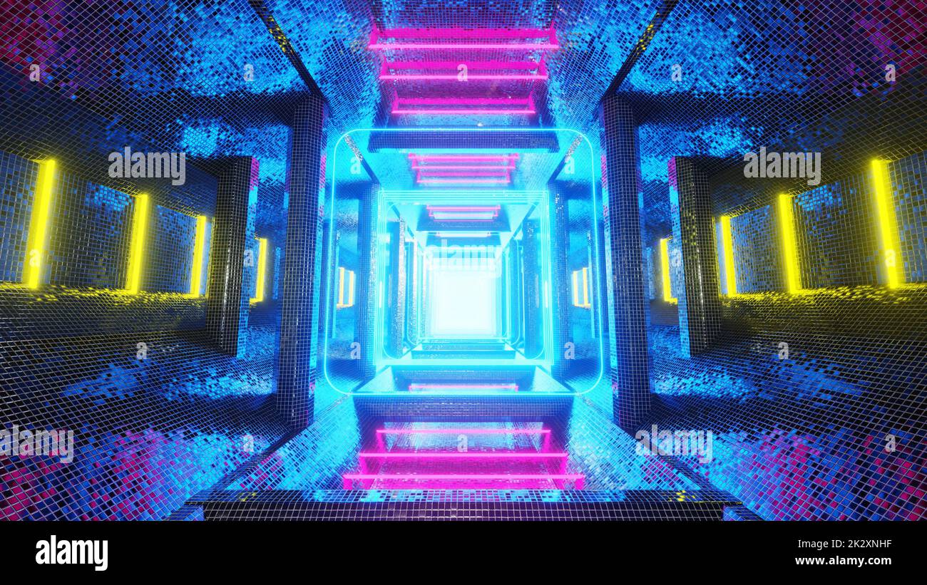 Tiles And Neon Light Tunnel Stock Photo Alamy