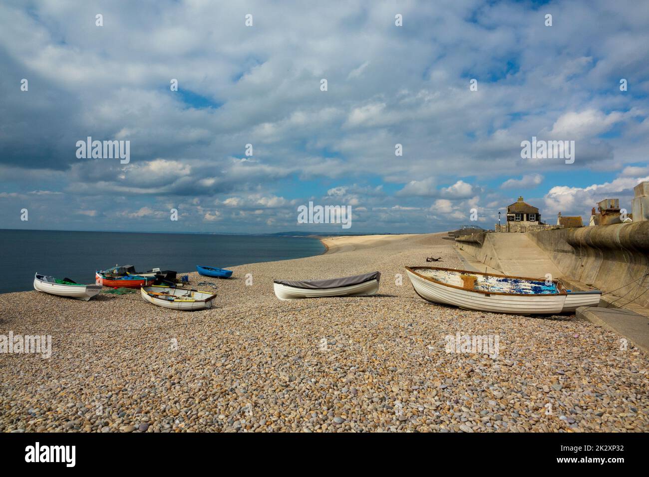 Small fishing boats, Chesil Beach Stock Photo
