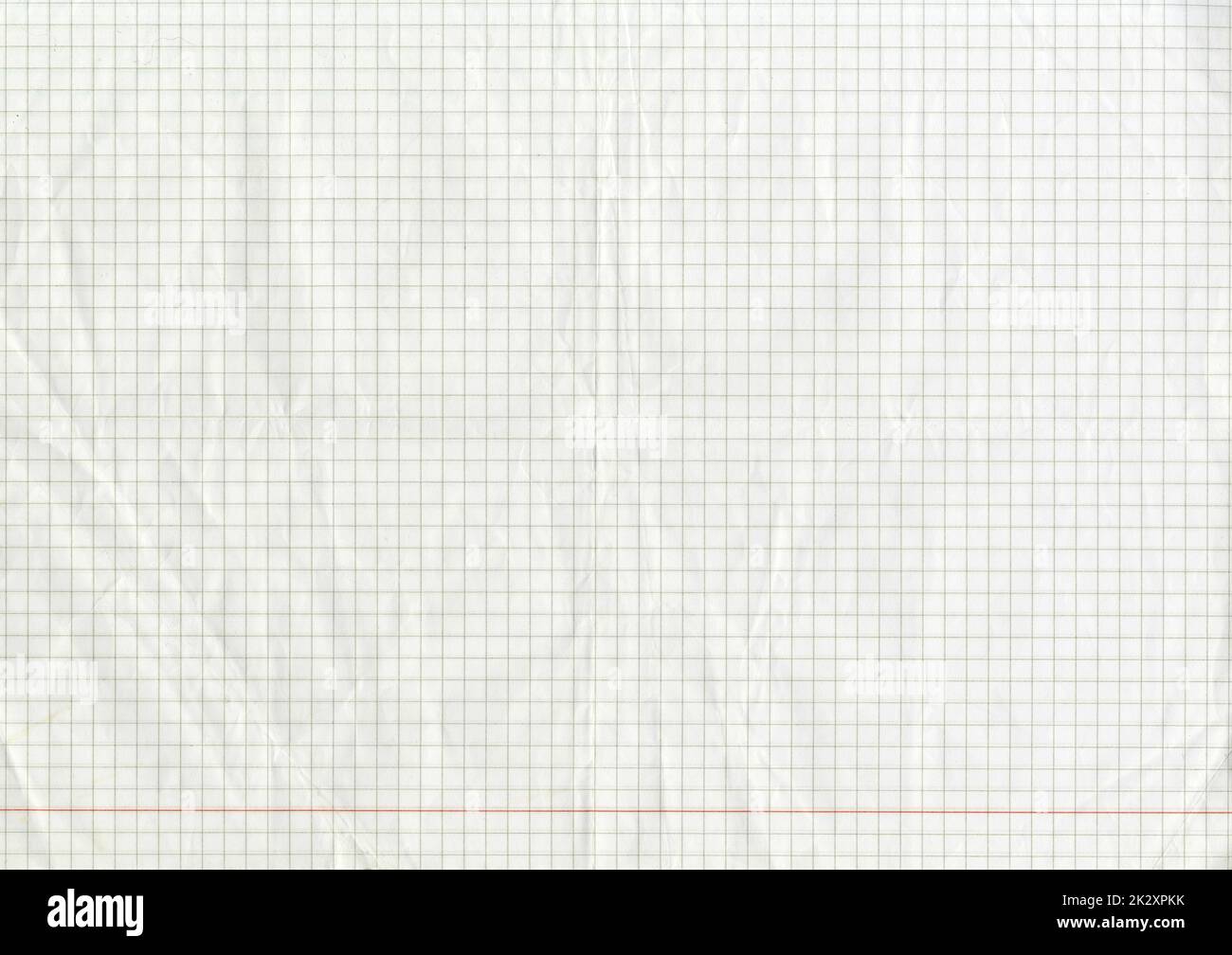 High resolution large image of a white uncoated checkered graph paper scan wrinkled weathered thin textbook paper with one red line and gray checkers copy space for text for presentation high quality wallpaper Stock Photo