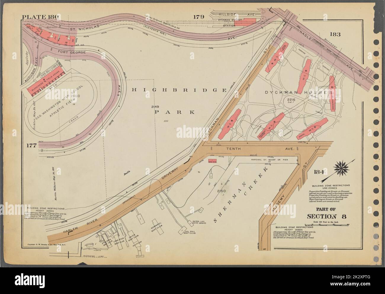 Cartographic, Maps. 1955 - 1956. Lionel Pincus and Princess Firyal Map Division. Real property , New York (State) , New York (N.Y.), Manhattan (New York, N.Y.) Plate 180, Part of Section 8: Bounded by St. Nicholas Avenue, Nagle Avenue, Academy Street, (Sherman's Creek) Harlem River Driveway, (Highbridge Park) Fort George Avenue and Audubon Avenue. Stock Photo