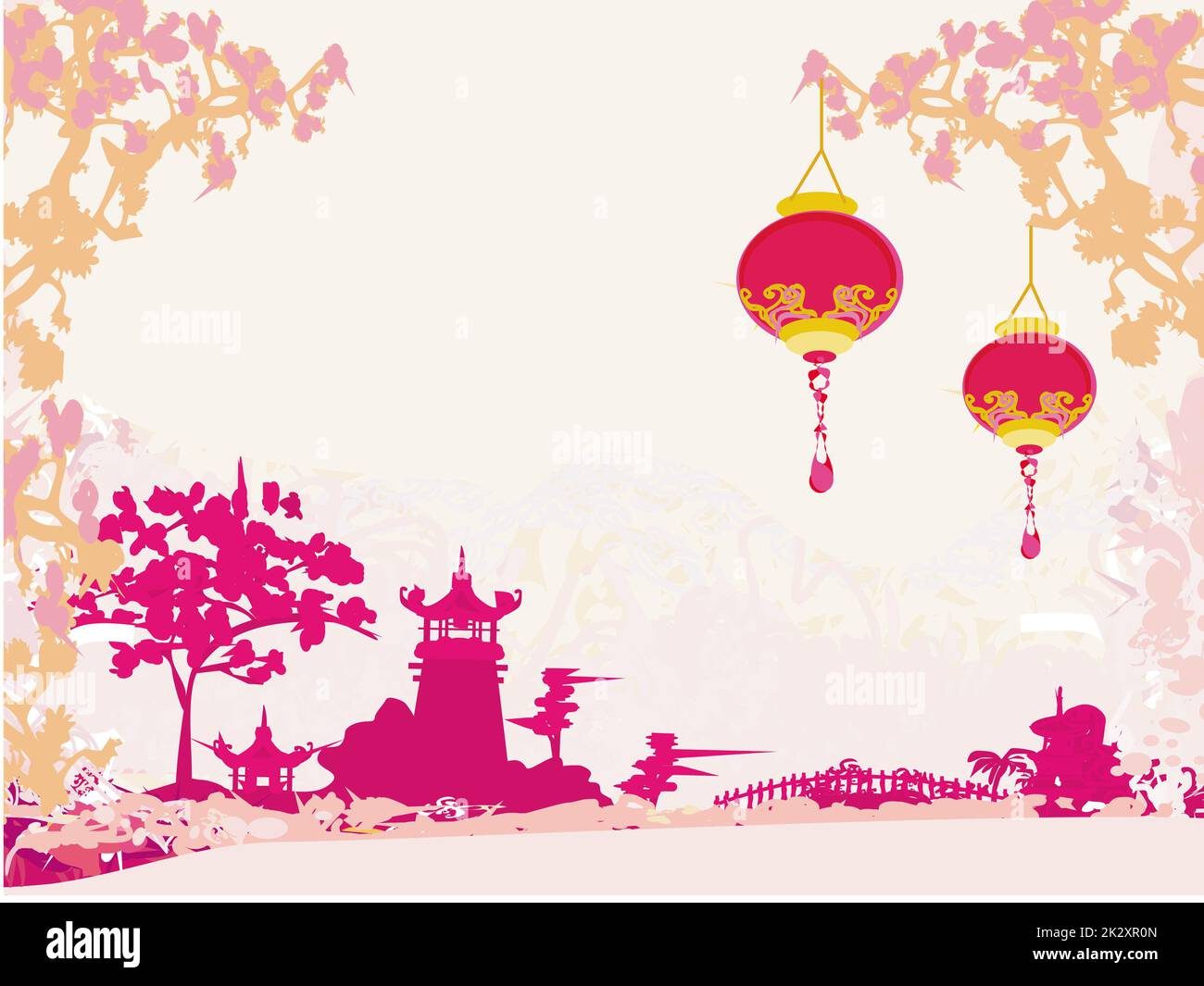 old paper with Asian Landscape and Chinese Lanterns - vintage japanese style background Stock Photo