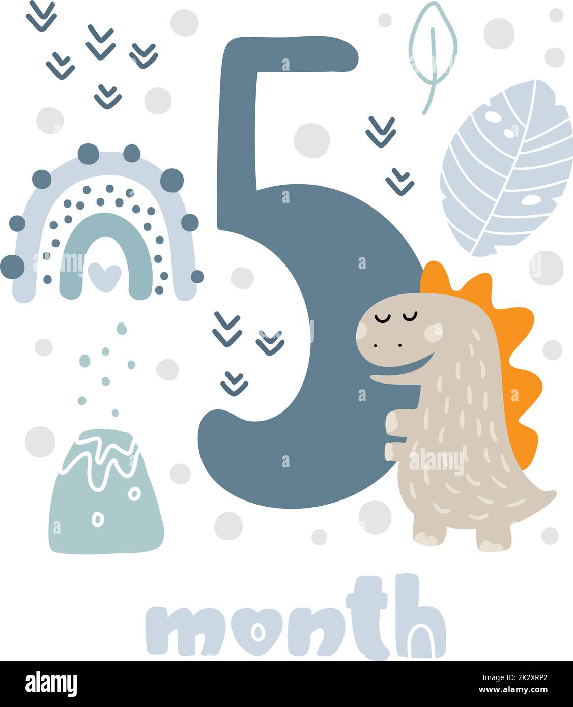 5 five months Baby boy anniversary card metrics. Baby shower print with cute animal dino, flowers and palm capturing all special moments. Baby Stock Vector