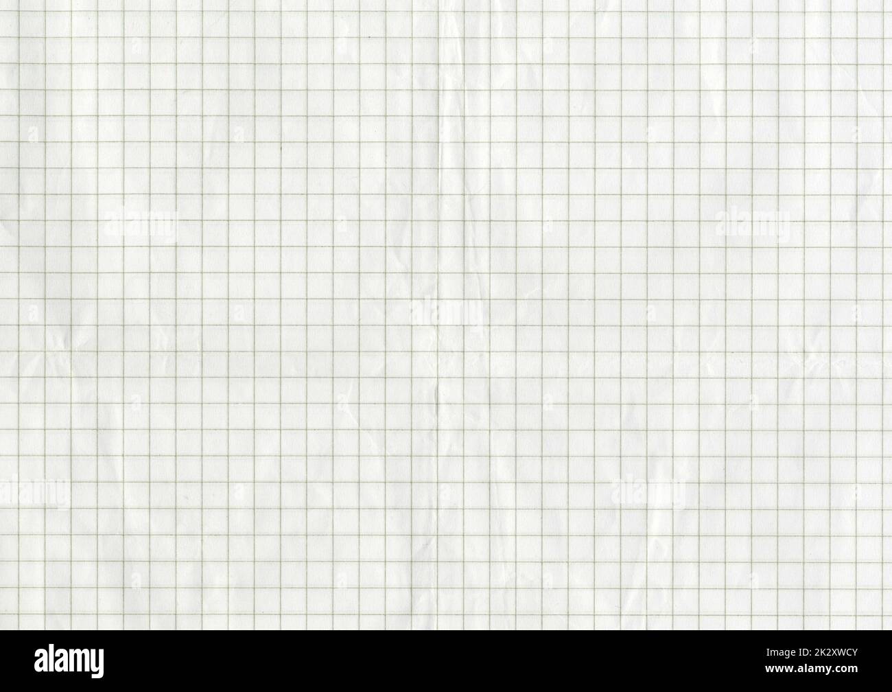 High resolution large image of a white uncoated checkered graph paper scan wrinkled weathered old thin textbook paper with gray checkers copy space for text for presentation high quality wallpaper Stock Photo