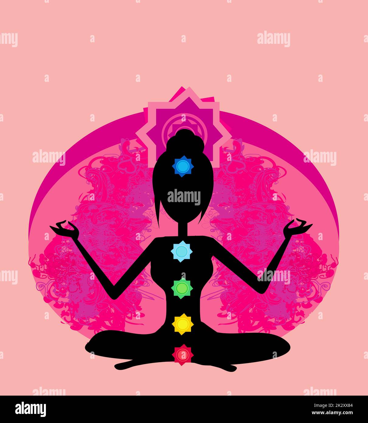 Yoga lotus pose. Padmasana with colored chakra points Stock Photo - Alamy