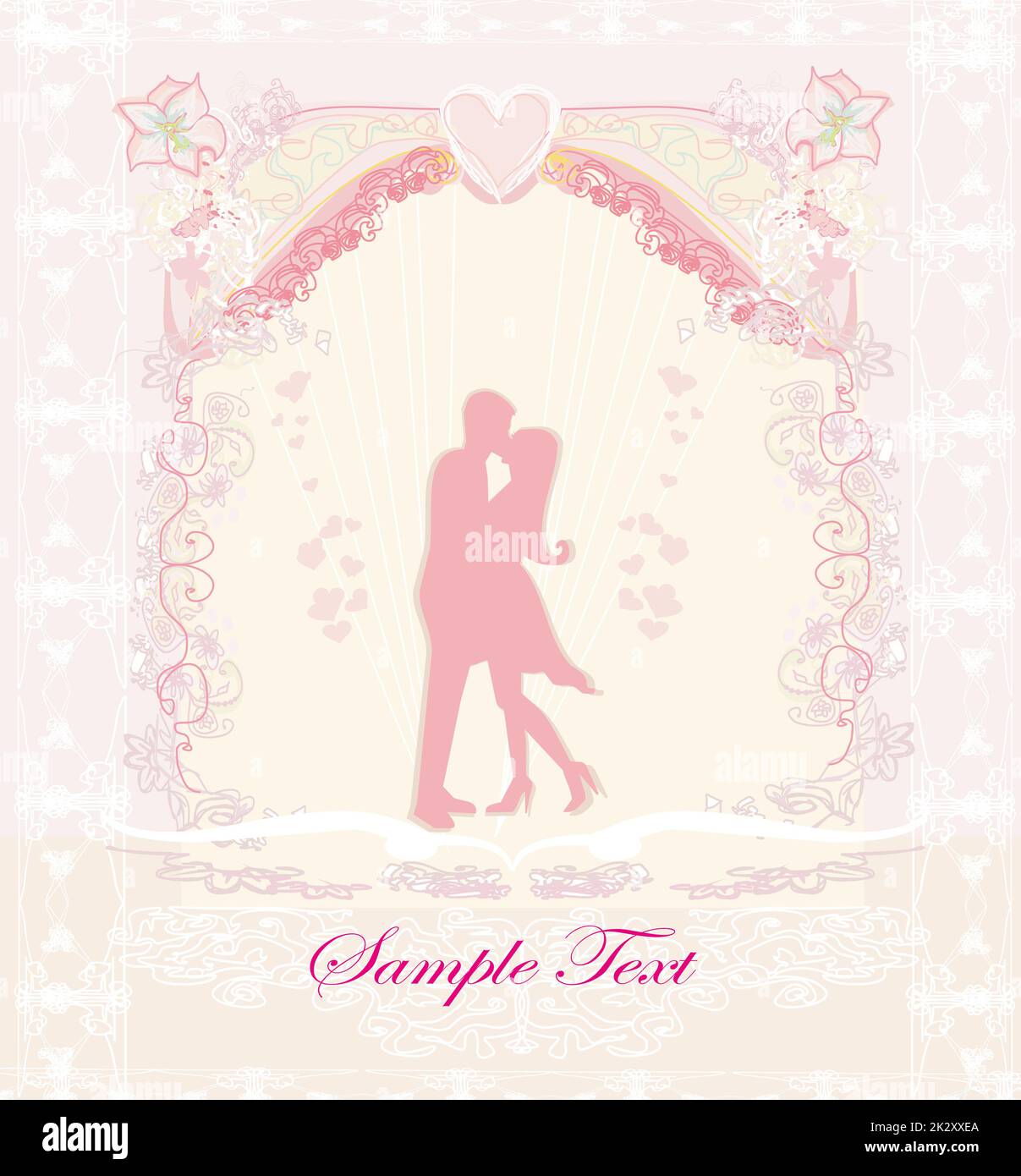 Floral greeting card with silhouette of romantic couple Stock Photo - Alamy