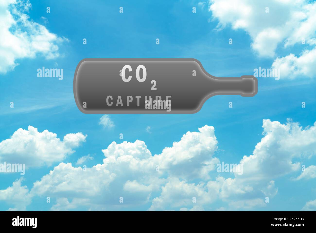 CO2 capture in gray bottle on blue sky and white cumulus clouds. Carbon capture and storage technology concept. Greenhouse gas. Carbon dioxide gas global air climate pollution. Environment issue. Stock Photo