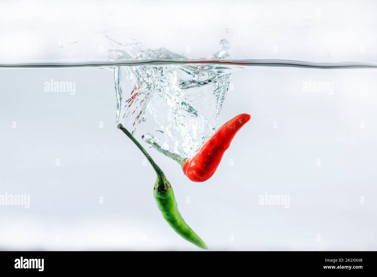 Red chilli, water splashes, solated on a white background Stock Photo