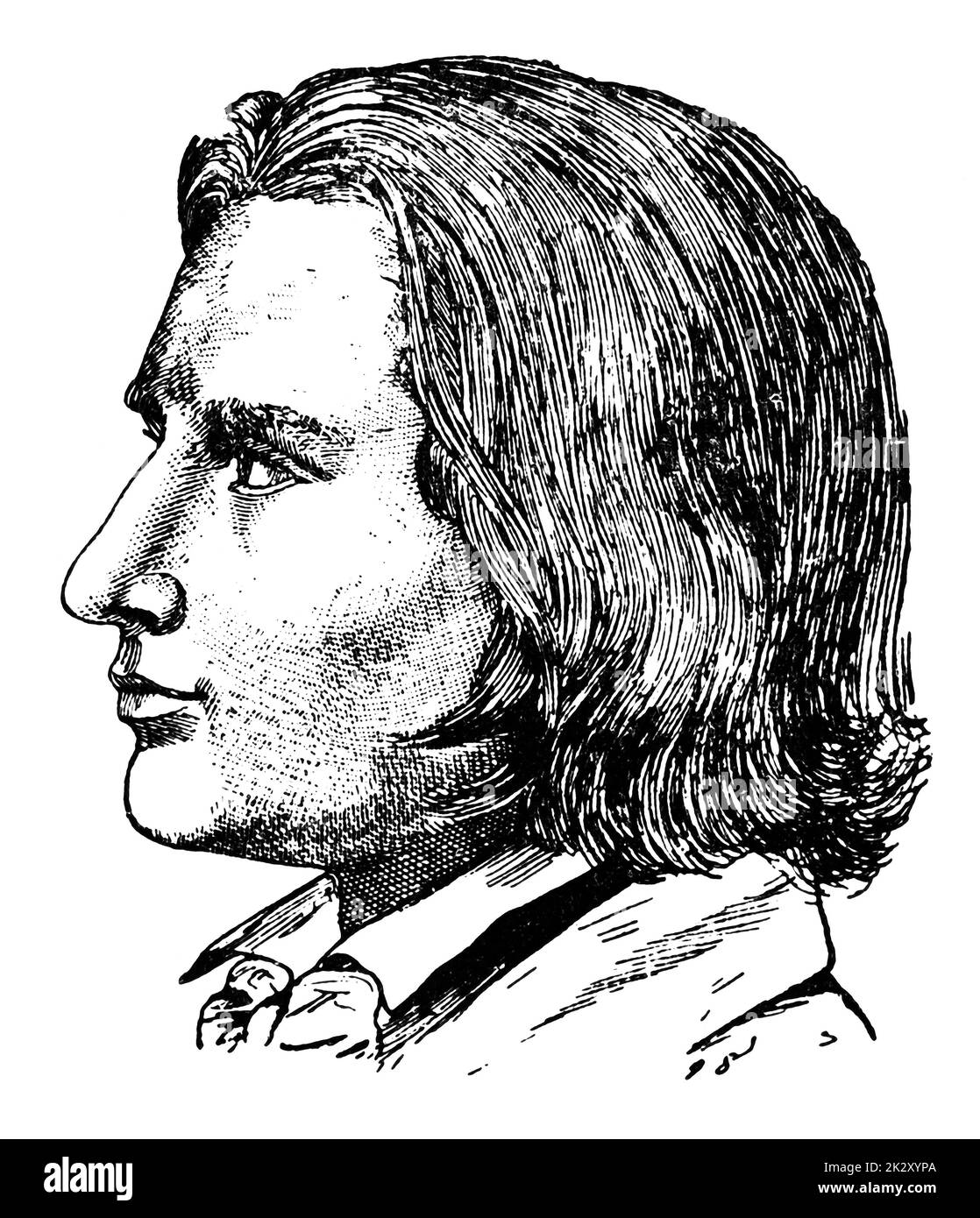 Portrait of Franz Liszt (at the age of 25) - a Hungarian composer, virtuoso pianist, conductor, music teacher, arranger, and organist of the Romantic era. Illustration of the 19th century. White background. Stock Photo