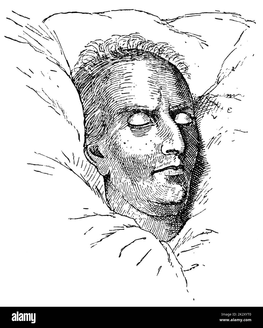 A death mask of Friedrich Schiller - a German poet, philosopher, physician, historian, and playwright. Illustration of the 19th century. White background. Stock Photo