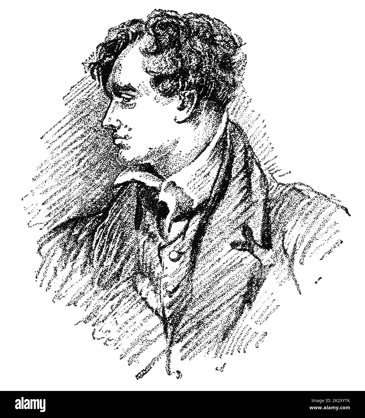 Portrait of Lord Byron - a British peer, who was a poet and politician. Illustration of the 19th century. White background. Stock Photo